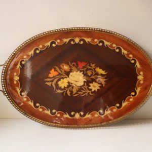 Vintage 70s Italian Wood Marquetry Tray with Brass Edge, Inlaid Wood